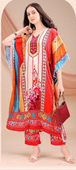 Red & Pink Design Long Kaftan Natural Crepe 035 - Anu Fashion