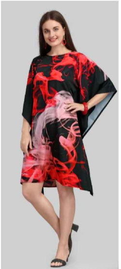 Red & Black Natural Crepe Short Kaftan 017 - Anu Fashion