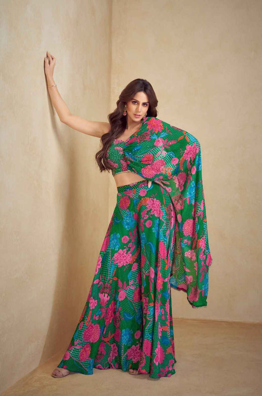 Bright Emerald Green with Hot Pink Western Wear - Anu Fashion