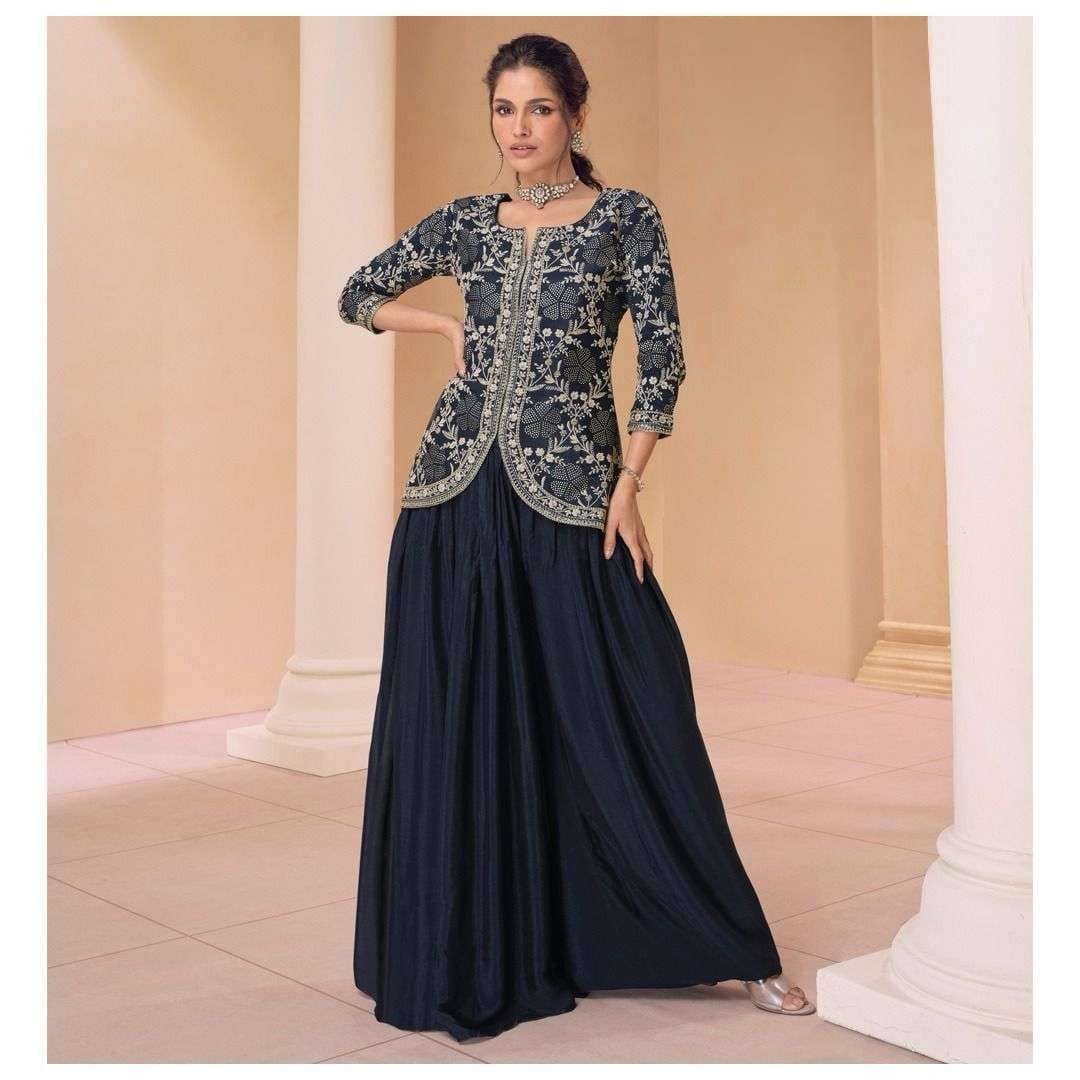 Navy Blue Embroidered Peplum Sharara Set - Anu Fashion