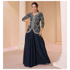 Navy Blue Embroidered Peplum Sharara Set - Anu Fashion