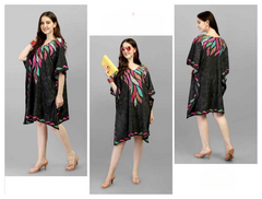 Black With Leaves Natural Crepe Short Kaftan - Anu Fashion
