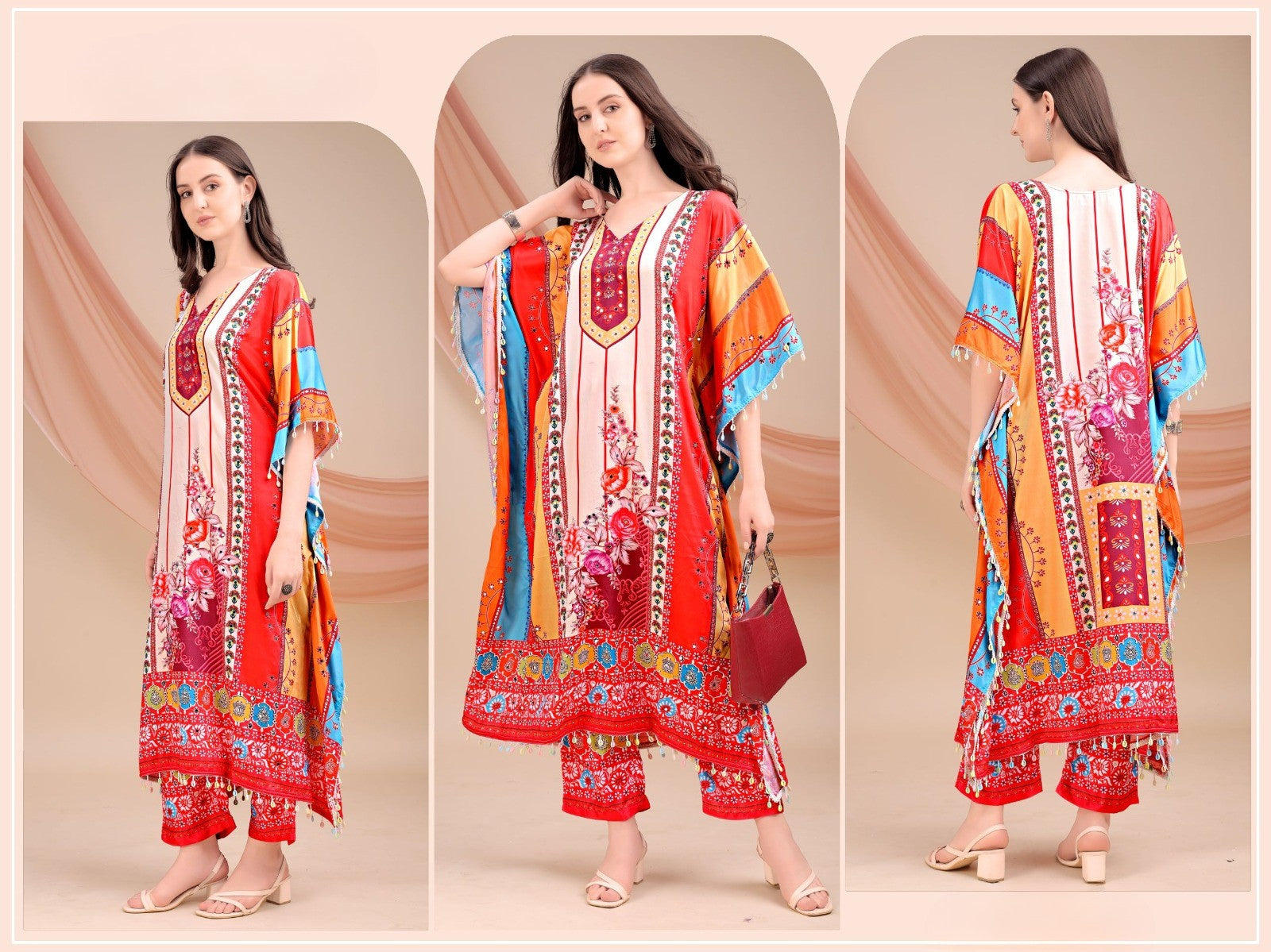 Red & Pink Design Long Kaftan Natural Crepe - Anu Fashion