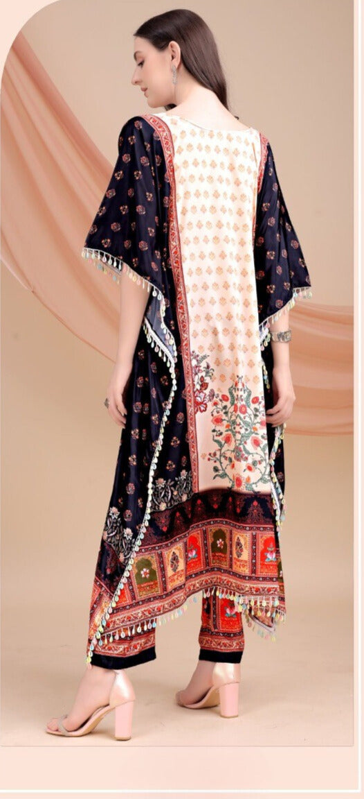 Light Pink & Floral Long Kaftan Natural Crepe 035 - Anu Fashion