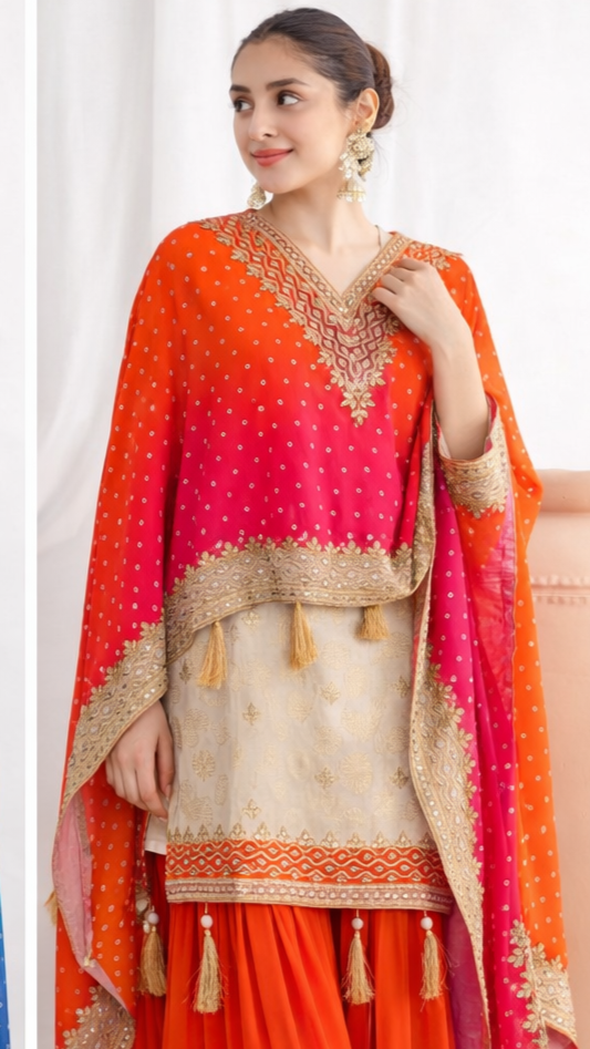 KAFTAN SALWAR SUIT - ORANGE & PINK - Anu Fashion