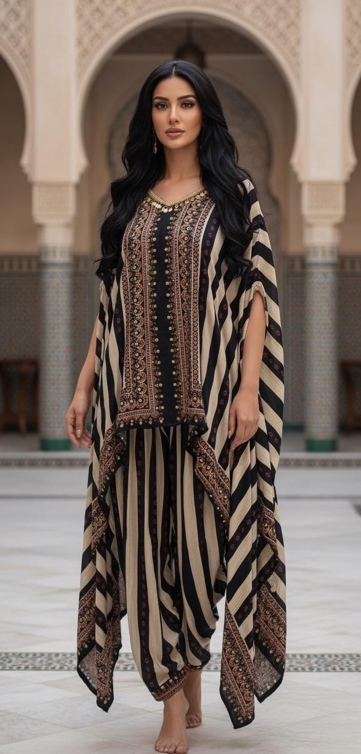Skin & Black Stripes Natural Crepe Kafthan Dotti Set KS-00485 - Anu Fashion