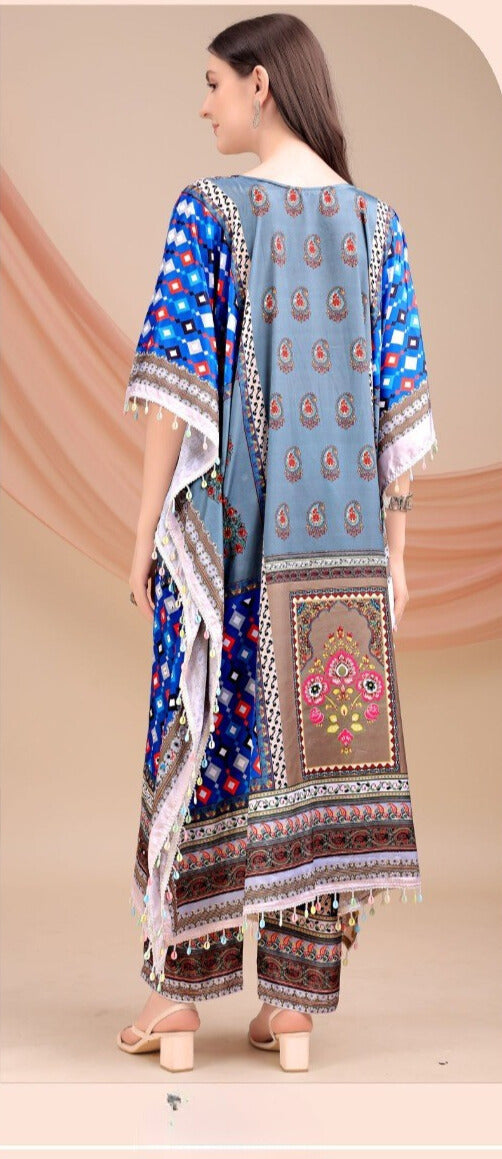Blue Long Kaftan Natural Crepe 035 - Anu Fashion