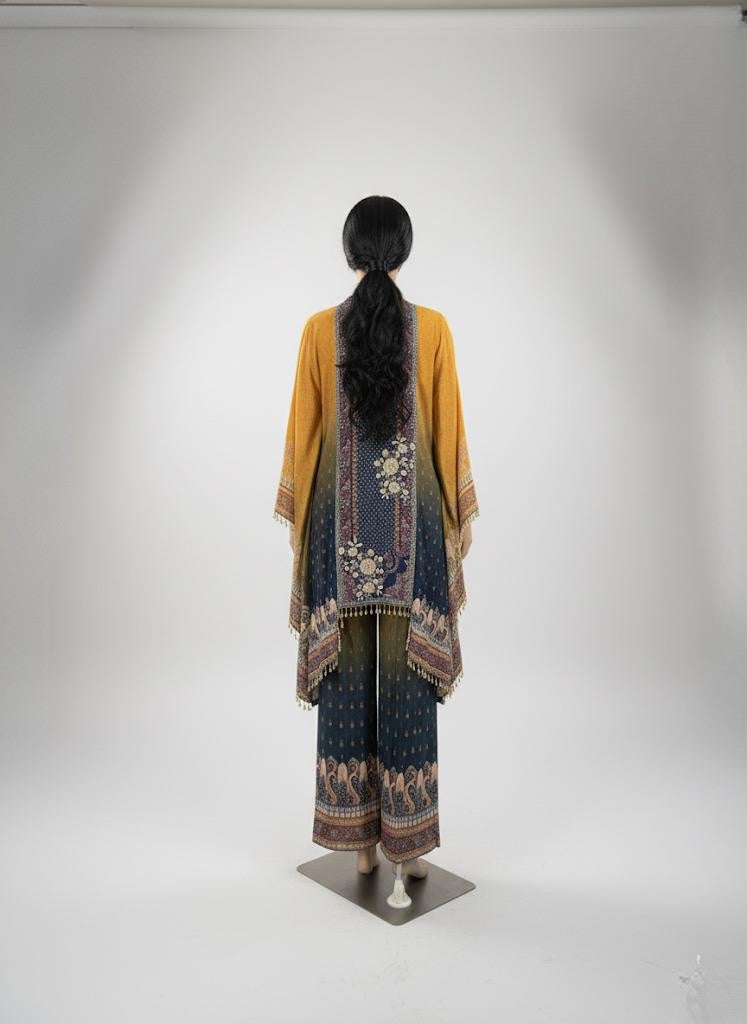 Yellow & Blue Design Natural Crepe Kafthan Salwar Set - Anu Fashion