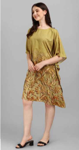 Yellow- Green Natural Crepe Short Kaftan 017 - Anu Fashion