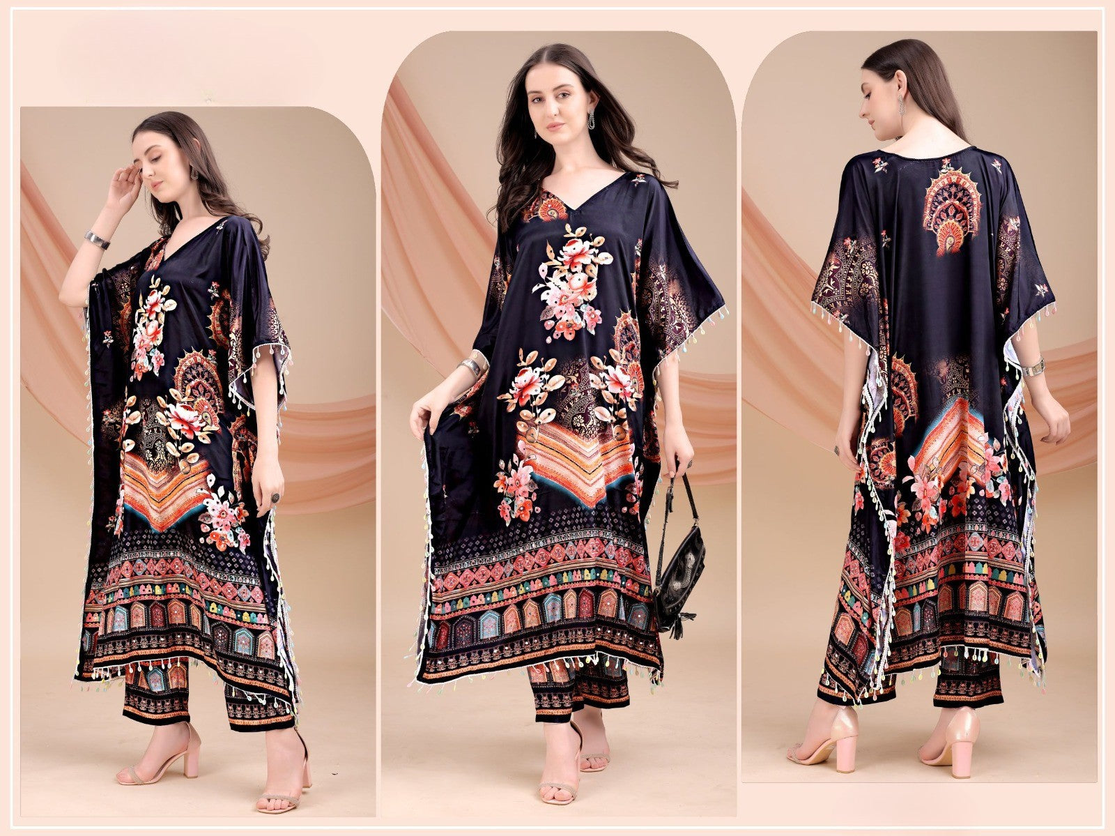 Dark Purple Long Kaftan Natural Crepe - Anu Fashion