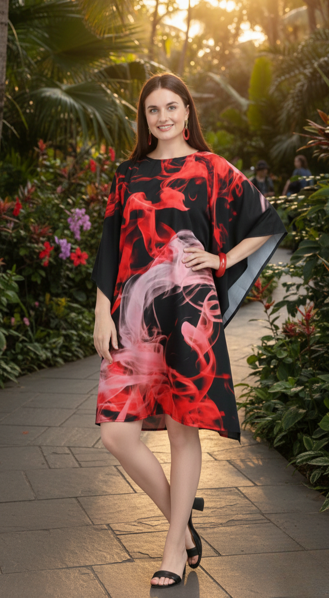 Red & Black  Natural Crepe Short Kaftan 017 - Anu Fashion