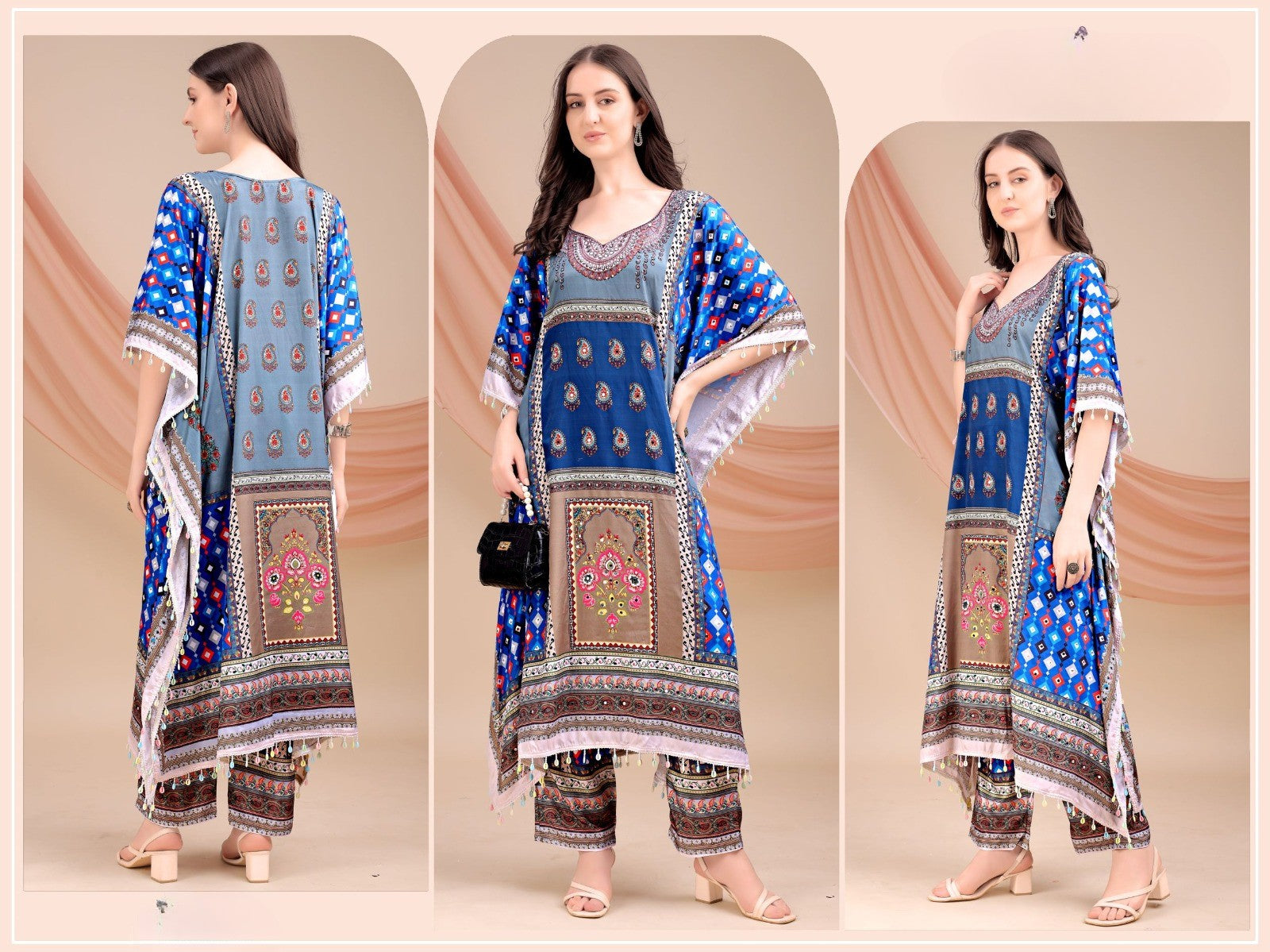 Blue Long Kaftan Natural Crepe - Anu Fashion