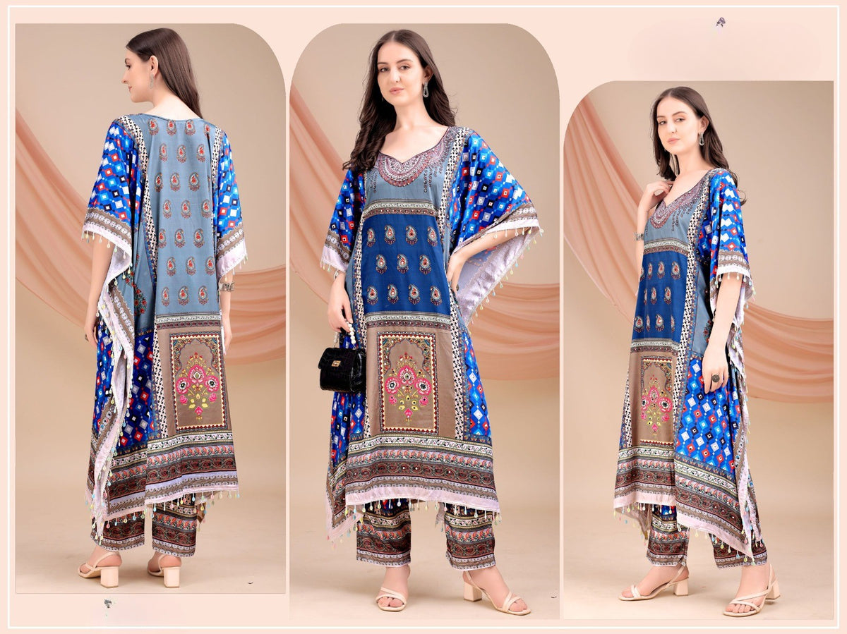 Blue Long Kaftan Natural Crepe - Anu Fashion