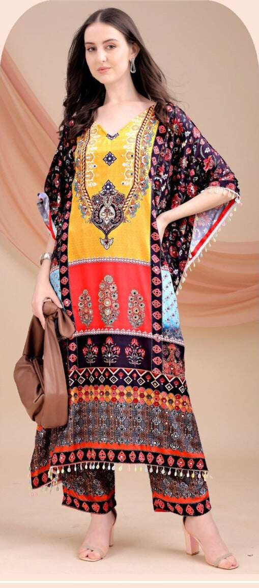 Red Floral & Yellow Long Kaftan Natural Crepe 035 - Anu Fashion