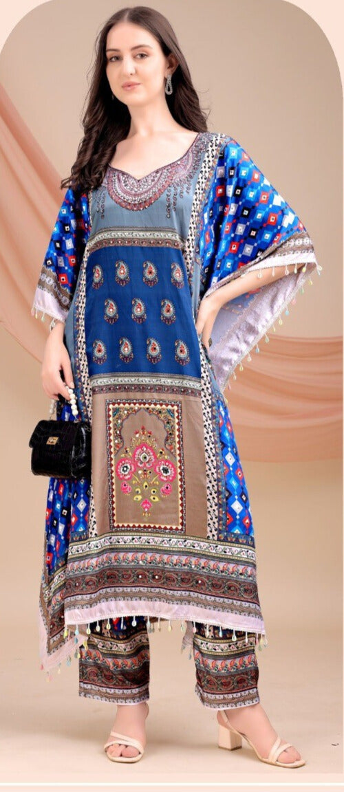 Blue Long Kaftan Natural Crepe 035 - Anu Fashion