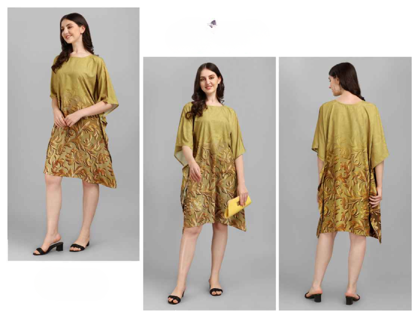 Yellow- Green Natural Crepe Short Kaftan - Anu Fashion