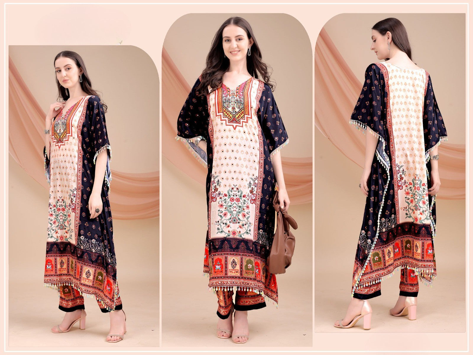 Light Pink & Floral Long Kaftan Natural Crepe - Anu Fashion