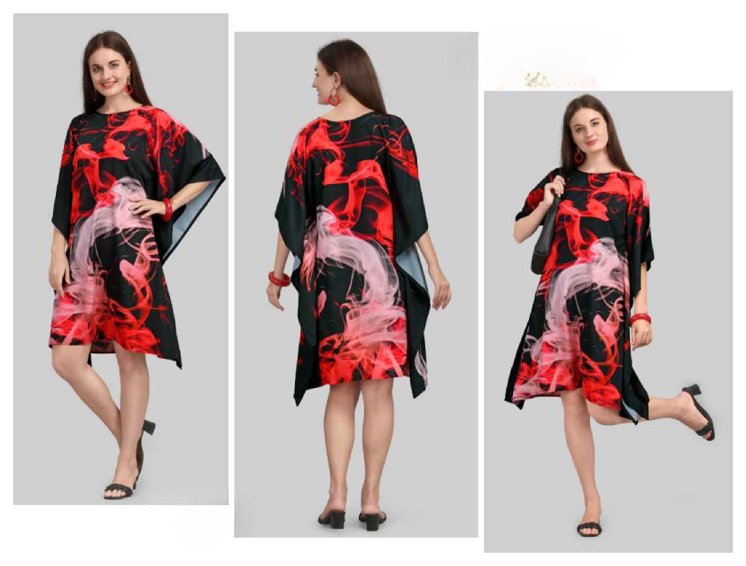 Red & Black  Natural Crepe Short Kaftan - Anu Fashion