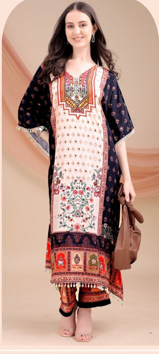 Light Pink & Floral Long Kaftan Natural Crepe 035 - Anu Fashion