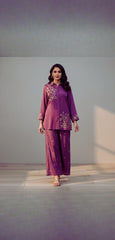 Purple Chinnon Salwar Kameez with Leaves Design KS-008