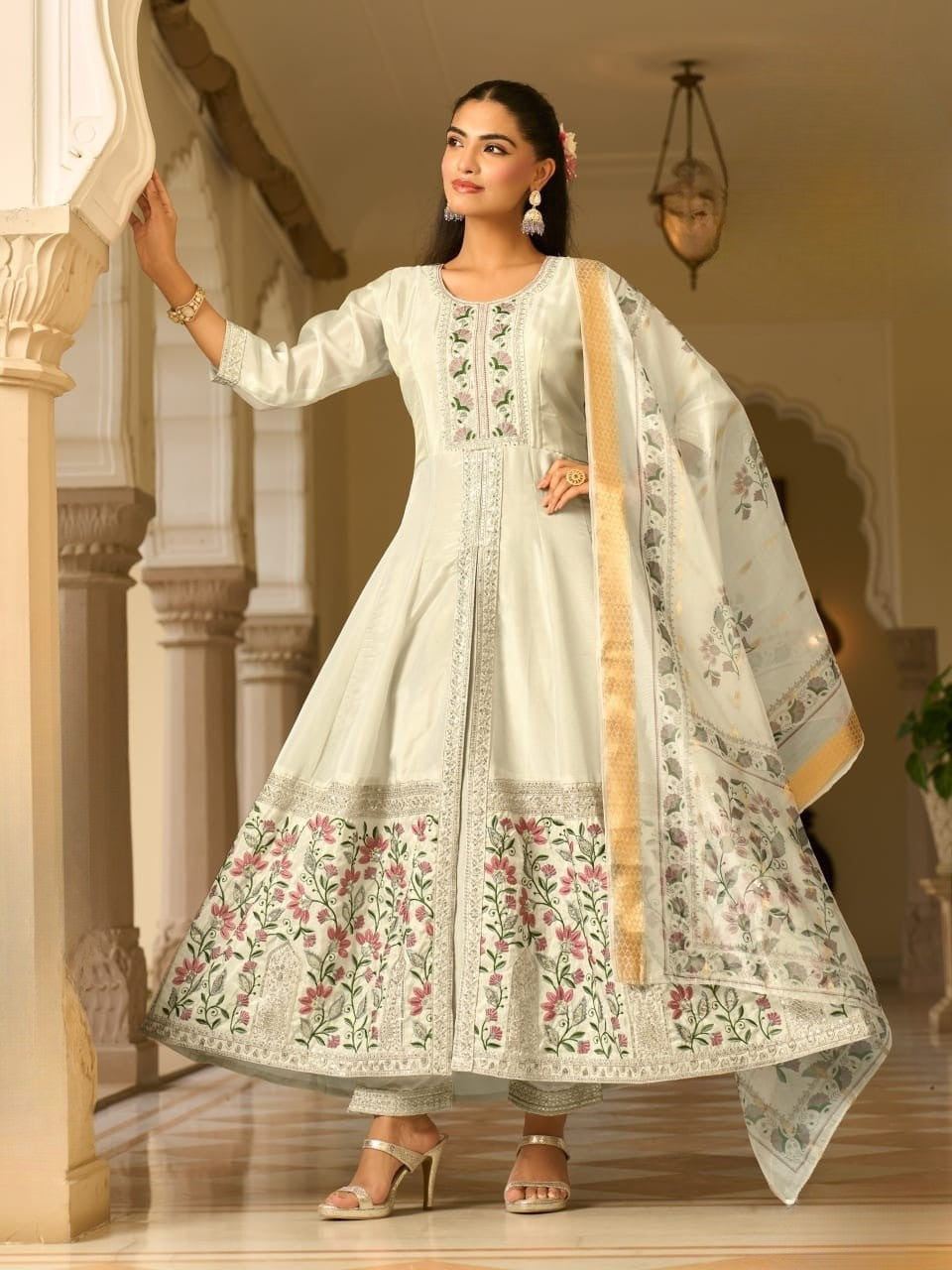 White Anarkali Salwar Kameez - Anu Fashion