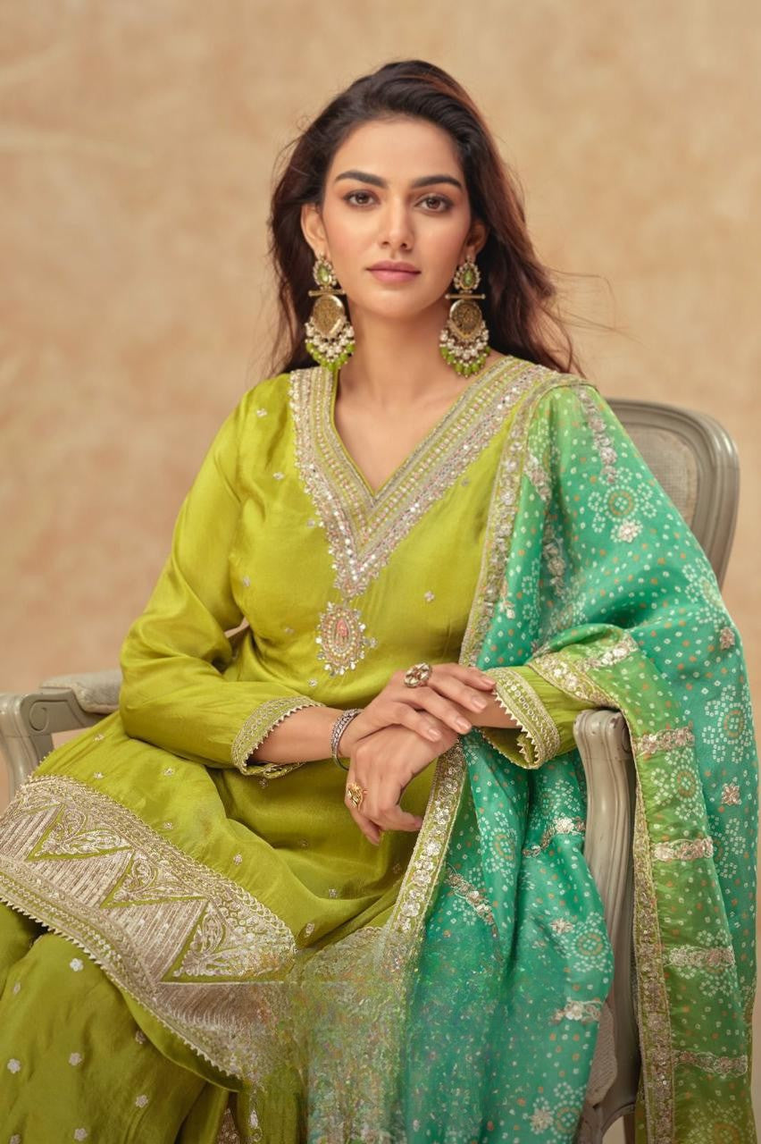 TISHA Collection Lime Green with Aqua Dupatta Salwar Kameez - Anu Fashion