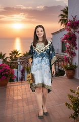 Blue & White Natural Crepe Short Kaftan 017 - Anu Fashion