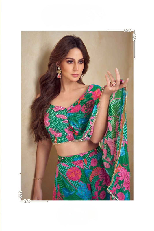 Bright Emerald Green with Hot Pink Western Wear - Anu Fashion