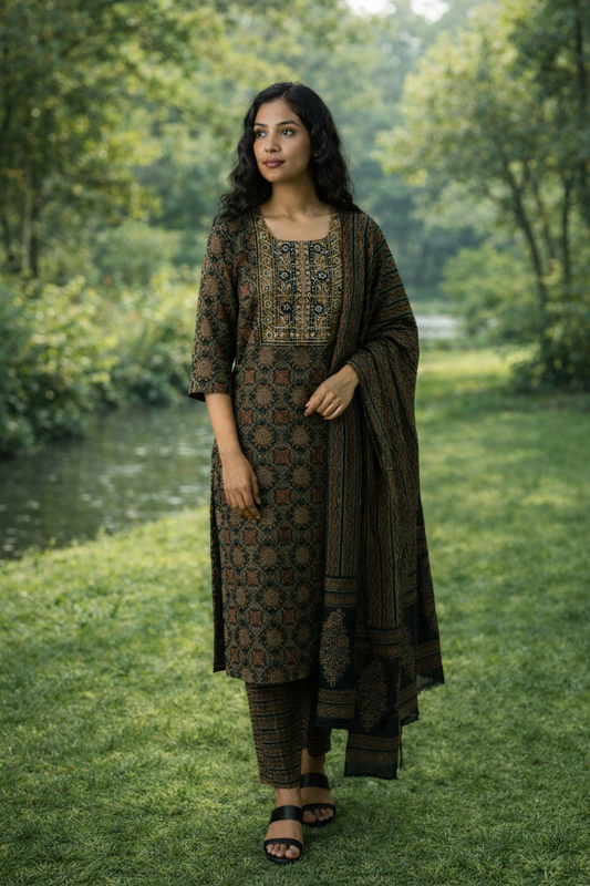 DARK GREEN KURTA SET 7660744 - Anu Fashion