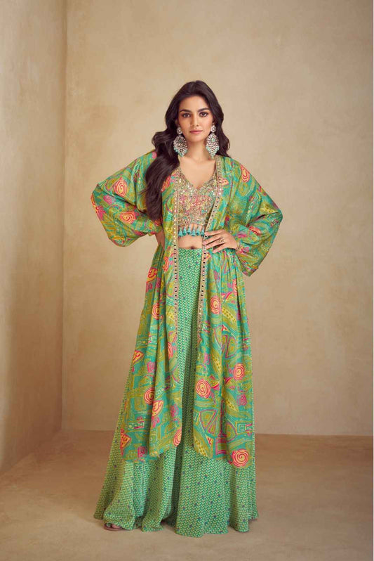 Bright Green with Multi Colors Western Wear - Anu Fashion