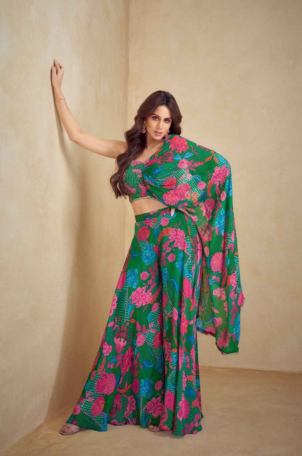 Bright Emerald Green with Hot Pink Western Wear - Anu Fashion