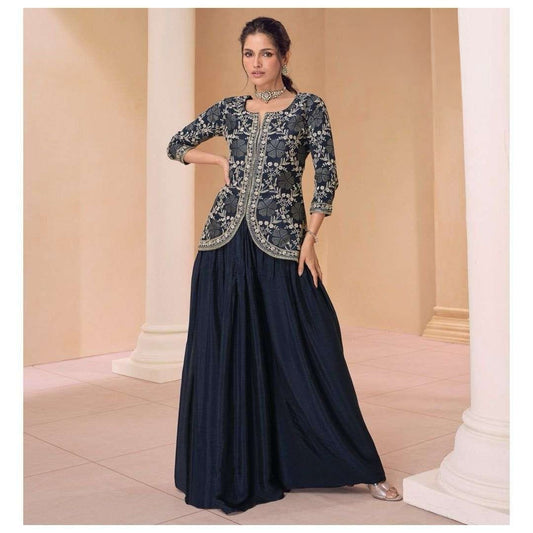 Navy Blue Embroidered Peplum Sharara Set - Anu Fashion