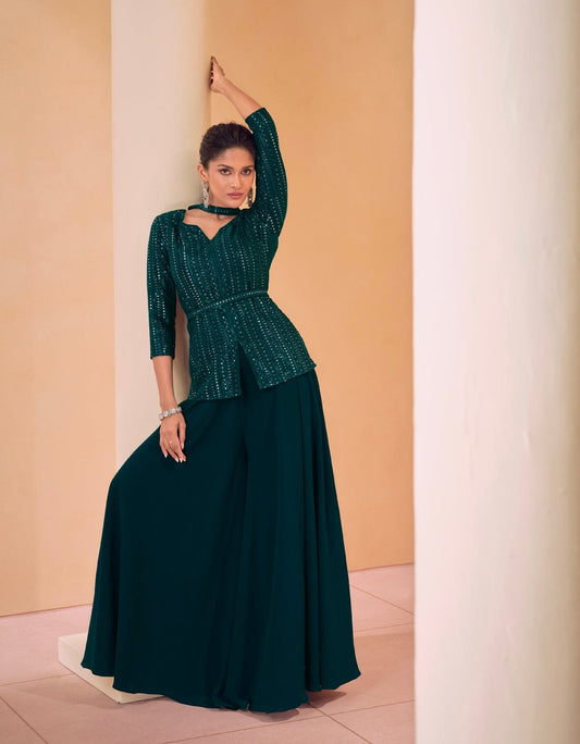 Dark Green Embroidered Peplum Sharara Set  - Anu Fashion