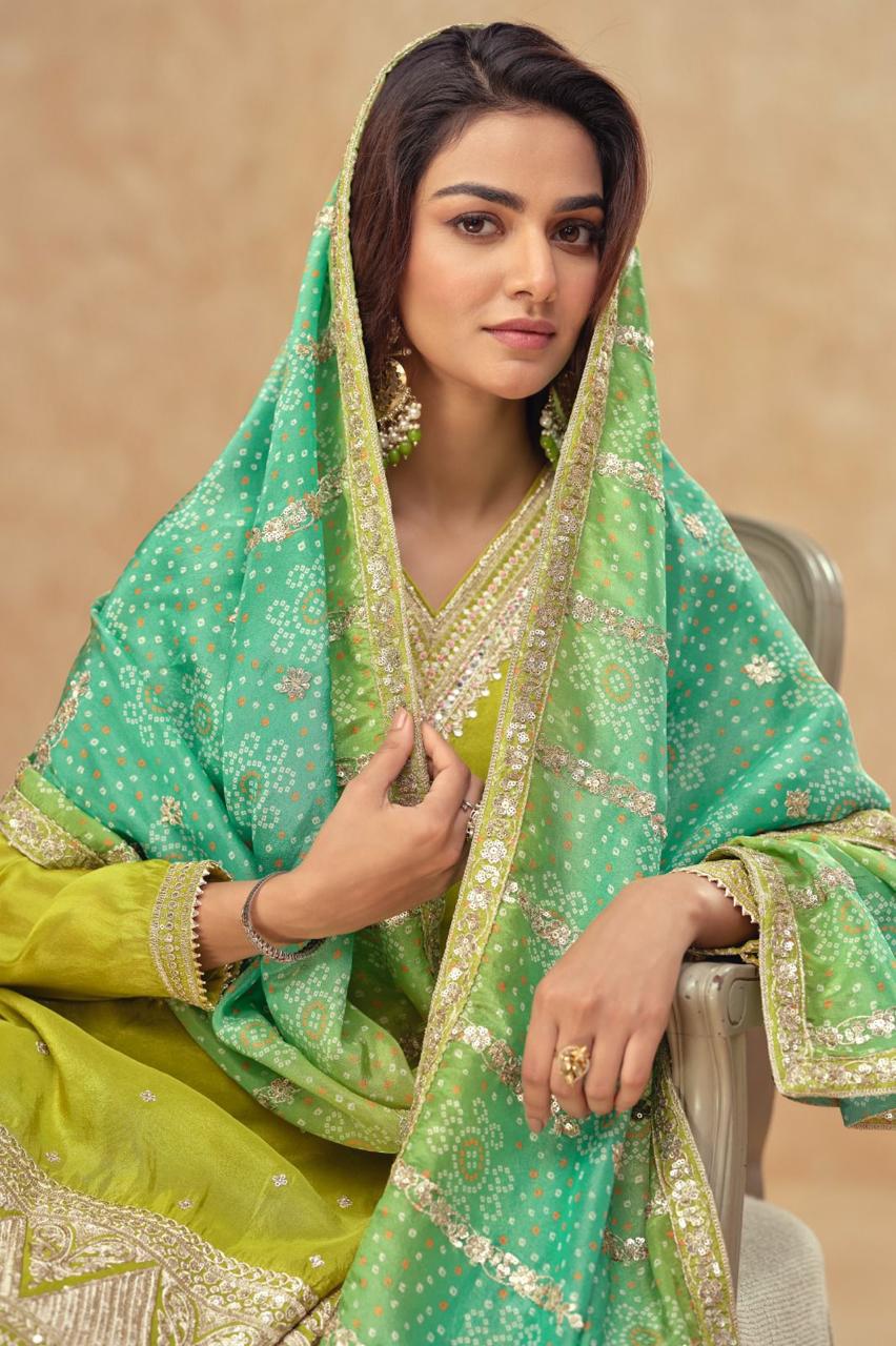 TISHA Collection Lime Green with Aqua Dupatta Salwar Kameez - Anu Fashion