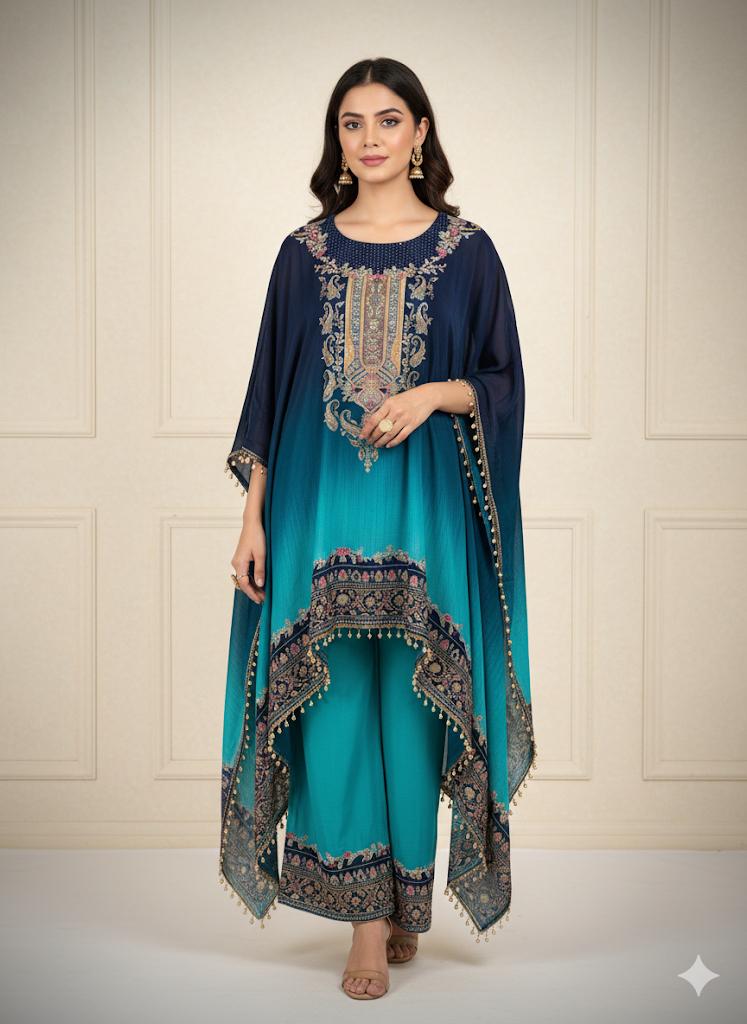Blue Navy Natural Crepe Kafthan Salwar Set - Anu Fashion