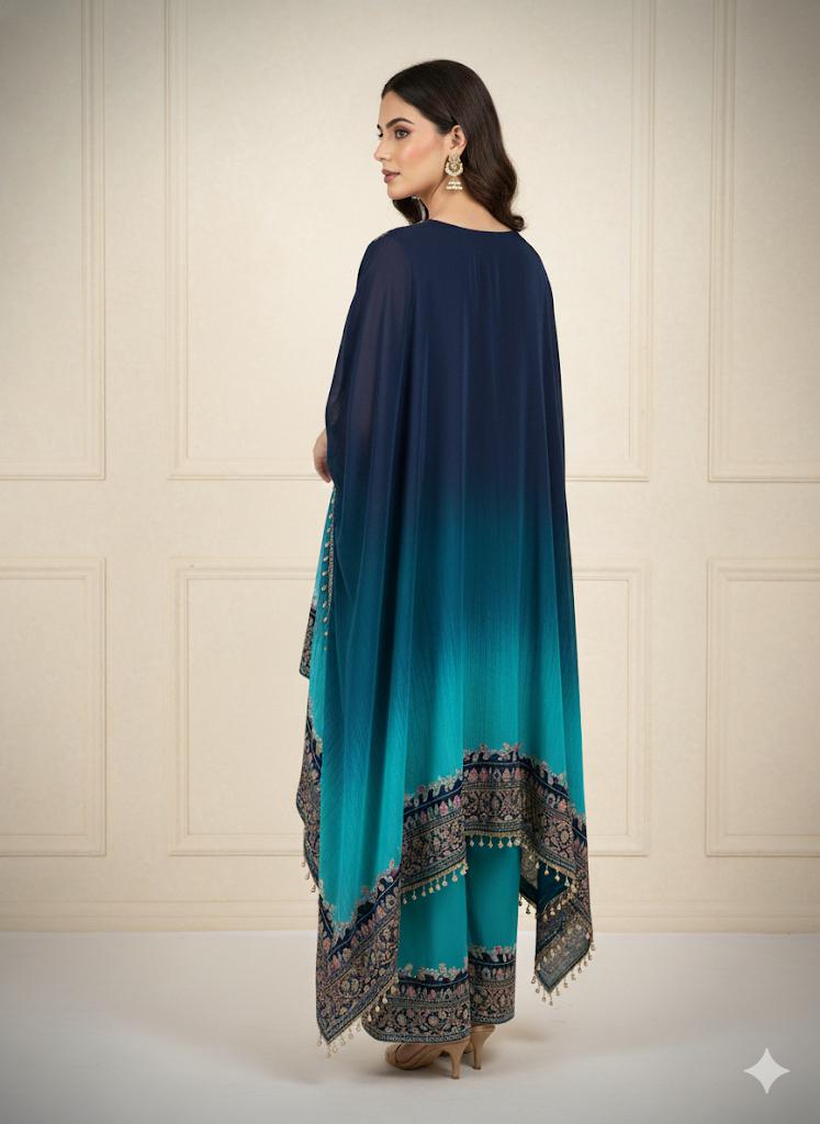 Blue Navy Natural Crepe Kafthan Salwar Set - Anu Fashion