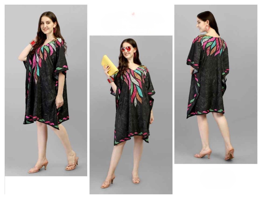 Black With Leaves Natural Crepe Short Kaftan - Anu Fashion