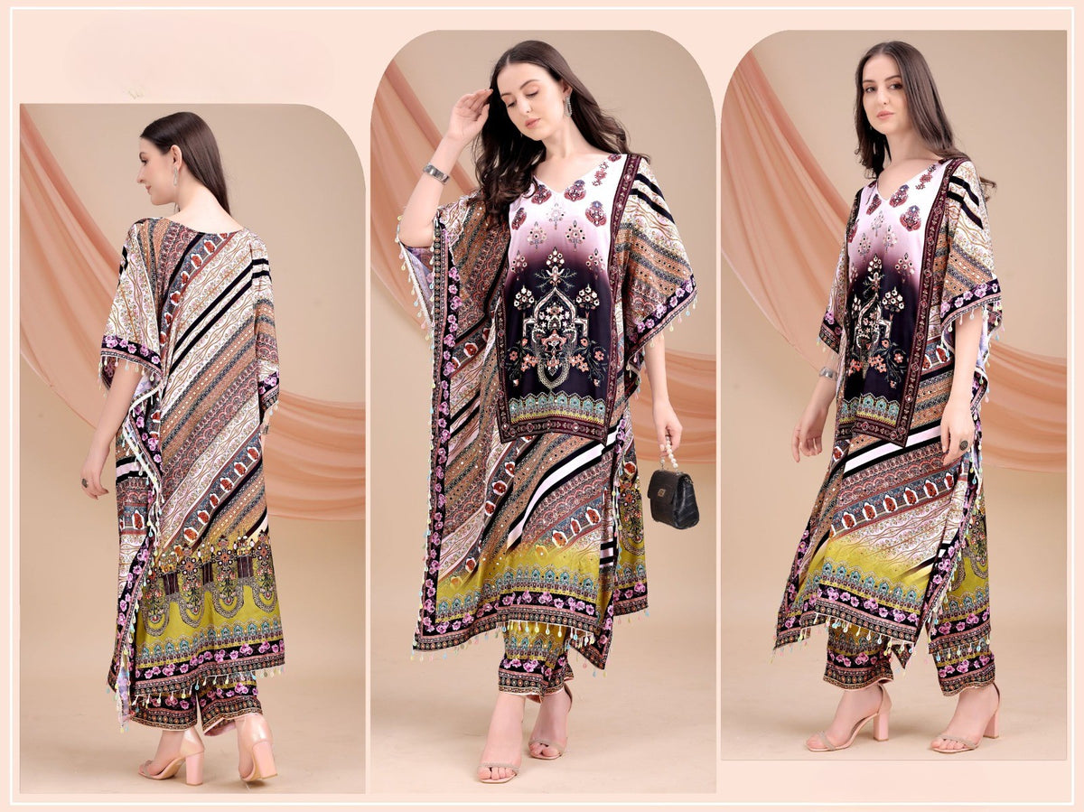 Multi Color Stripes Long Kaftan Natural Crepe - Anu Fashion