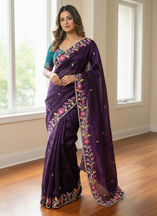 PURPLE CRUNCHY  SAREE WITH BLOUSE NM-36014