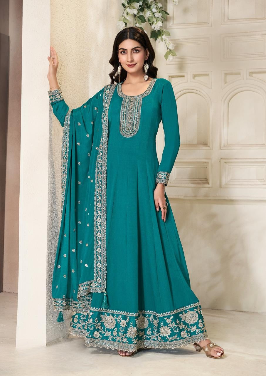 Deep Turquoise Blue Anarkali Grown - Anu Fashion