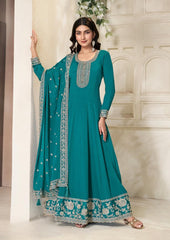 Deep Turquoise Blue Anarkali Grown - Anu Fashion