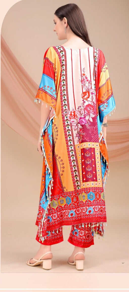 Red & Pink Design Long Kaftan Natural Crepe 035 - Anu Fashion