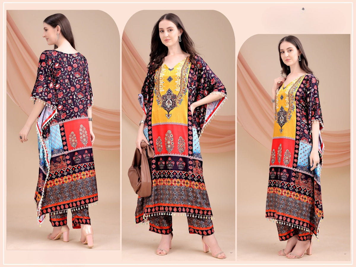 Red Floral & Yellow Long Kaftan Natural Crepe - Anu Fashion