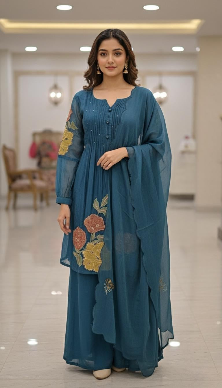Blue with Floral Design Mul Chanderi Salwar Kameez KS-007