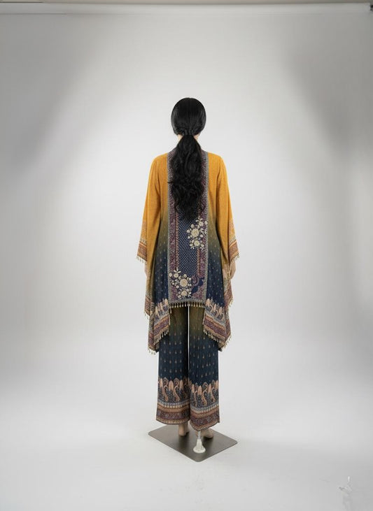 Yellow & Blue Design Natural Crepe  Kafthan Salwar Set - Anu Fashion