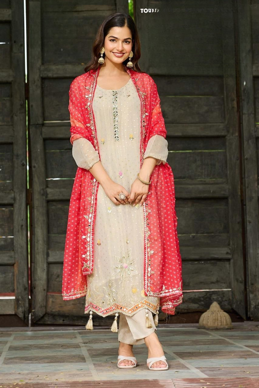 White and Full Red Shimmer Salwar Suit - Anu Fashion