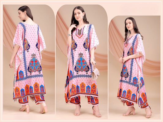 Pink Long Kaftan Natural Crepe - Anu Fashion