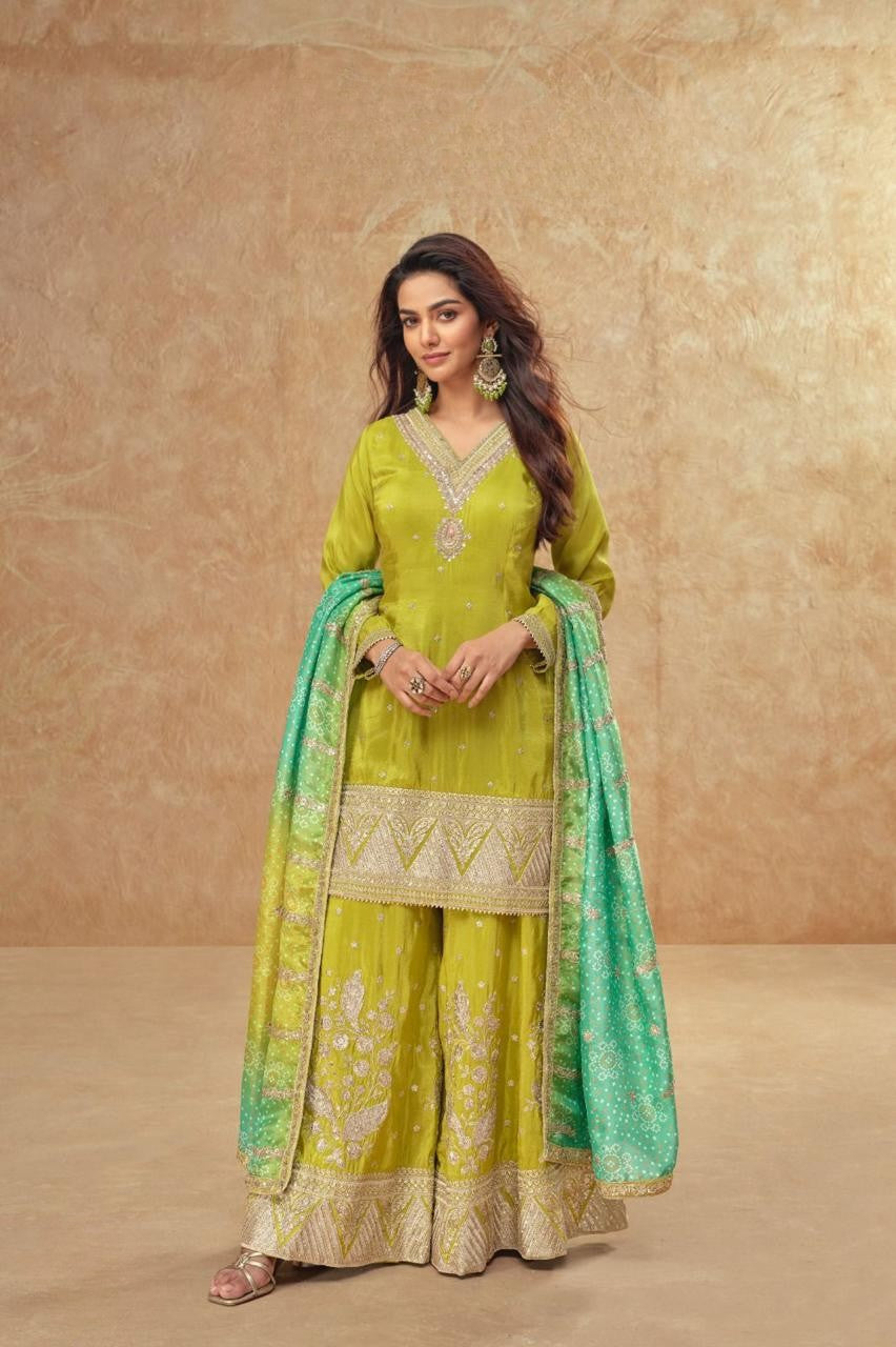 TISHA Collection Lime Green with Aqua Dupatta Salwar Kameez - Anu Fashion