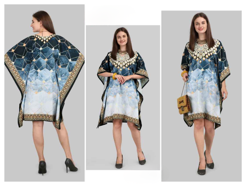 Blue & White Natural Crepe Short Kaftan - Anu Fashion